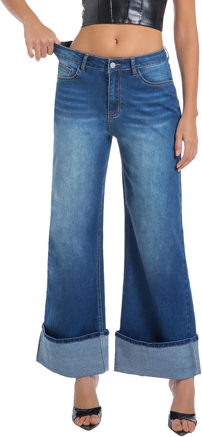 Women's Wide Leg Cuffed Jeans High Waisted Stretchy Casual Comfort Fit Denim Pants