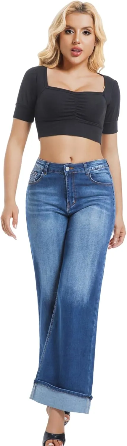 Women's Wide Leg Cuffed Jeans High Waisted Stretchy Casual Comfort Fit Denim Pants