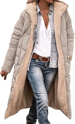 Womens Winter Oversized Padded Long Coats Reversible Sherpa Fleece Lined Hooded Puffer Jackets Outerwear with Pockets