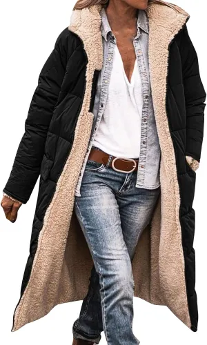 Womens Winter Oversized Padded Long Coats Reversible Sherpa Fleece Lined Hooded Puffer Jackets Outerwear with Pockets