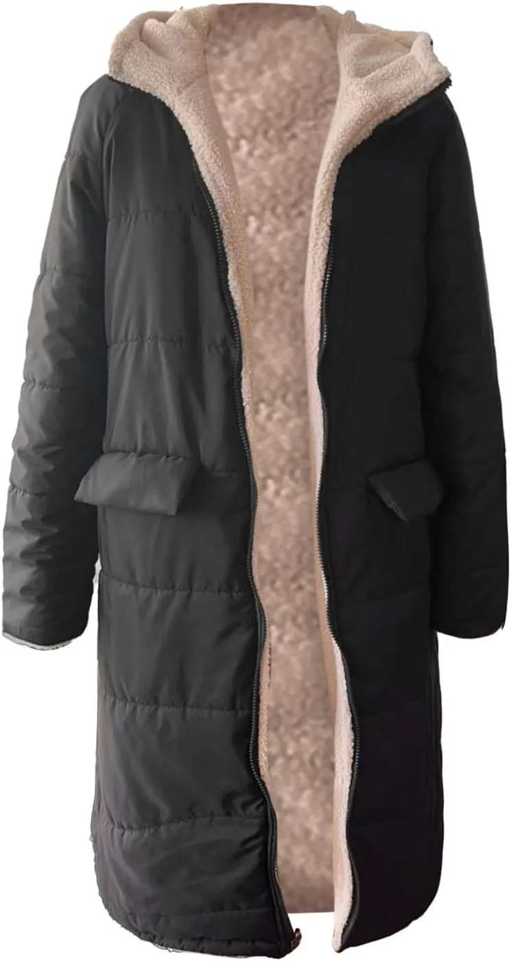 Womens Winter Oversized Padded Long Coats Reversible Sherpa Fleece Lined Hooded Puffer Jackets Outerwear with Pockets