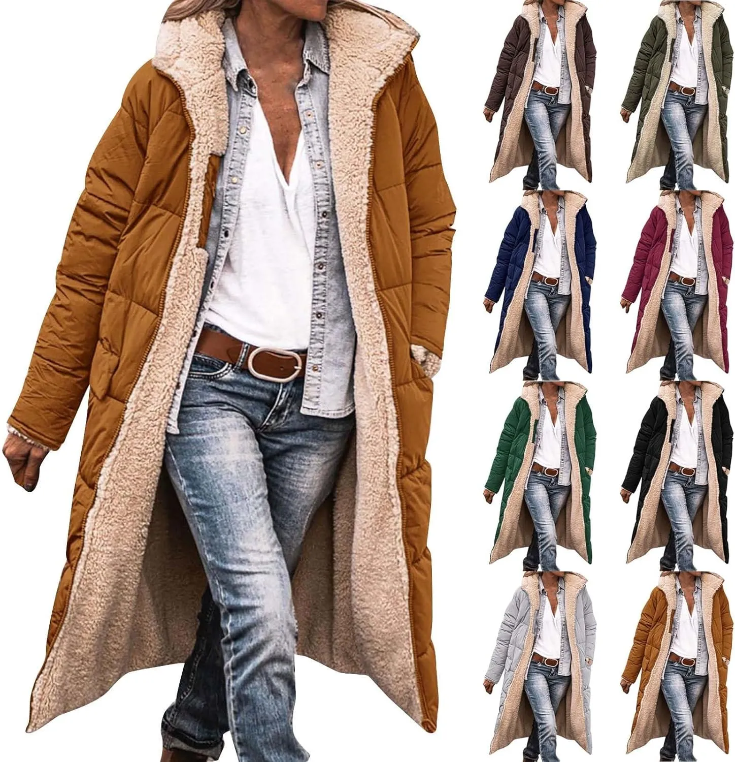 Womens Winter Oversized Padded Long Coats Reversible Sherpa Fleece Lined Hooded Puffer Jackets Outerwear with Pockets