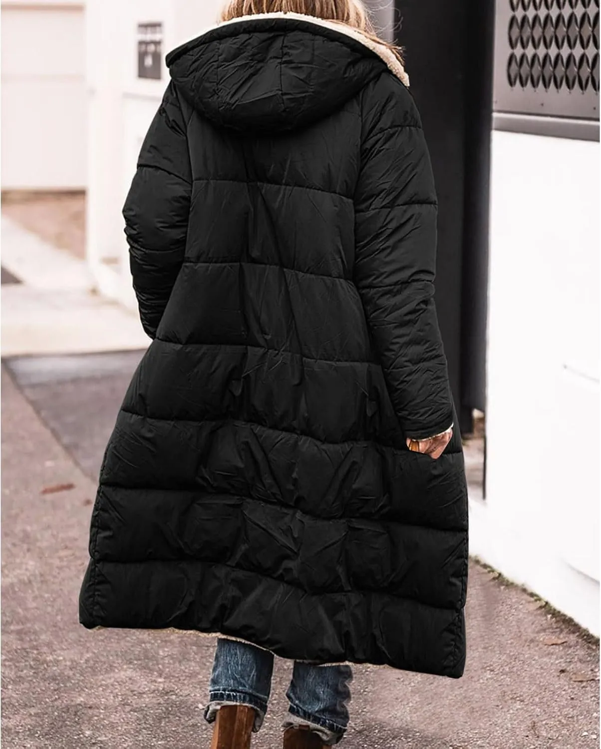 Womens Winter Oversized Padded Long Coats Reversible Sherpa Fleece Lined Hooded Puffer Jackets Outerwear with Pockets