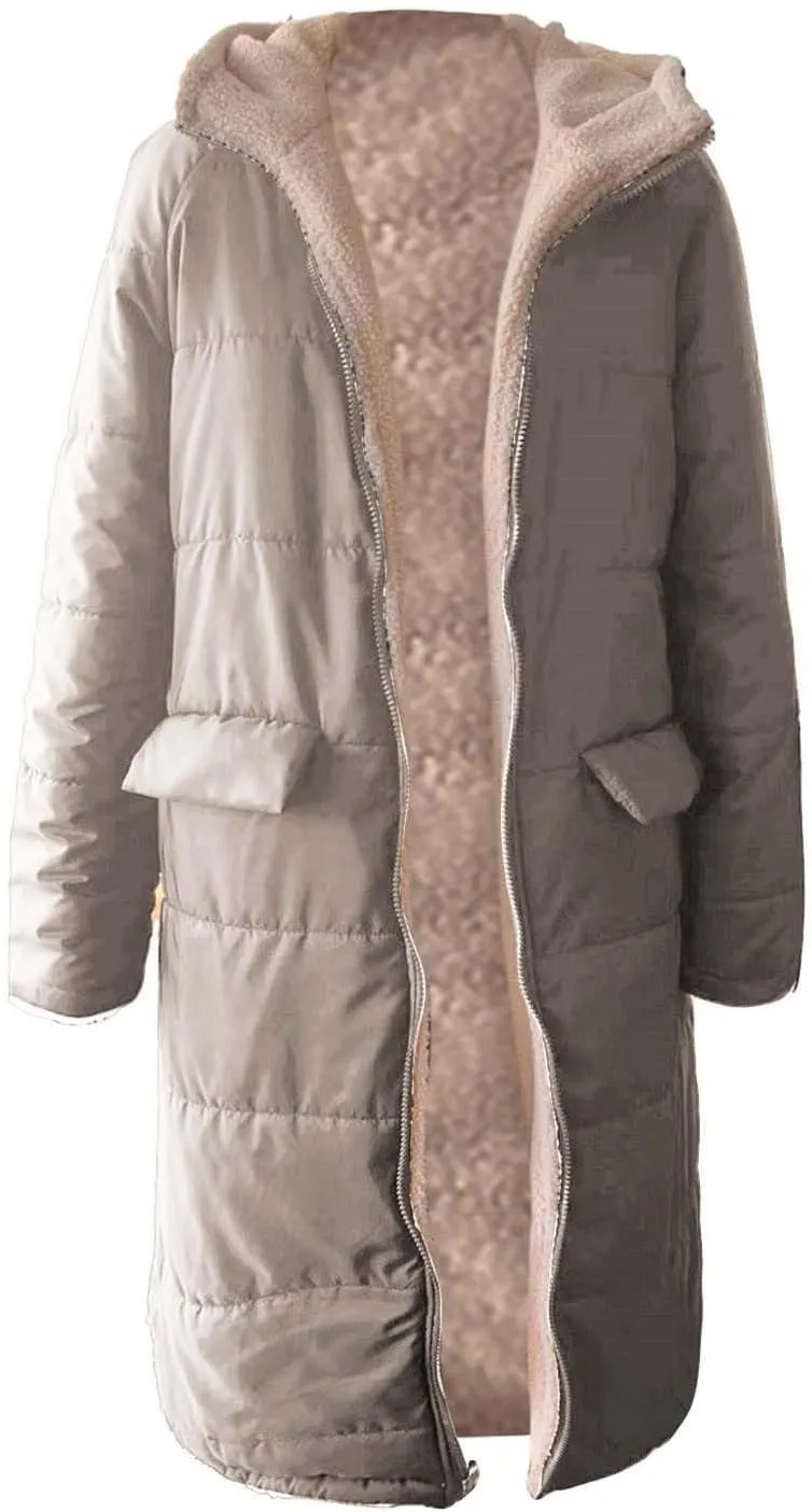 Womens Winter Oversized Padded Long Coats Reversible Sherpa Fleece Lined Hooded Puffer Jackets Outerwear with Pockets