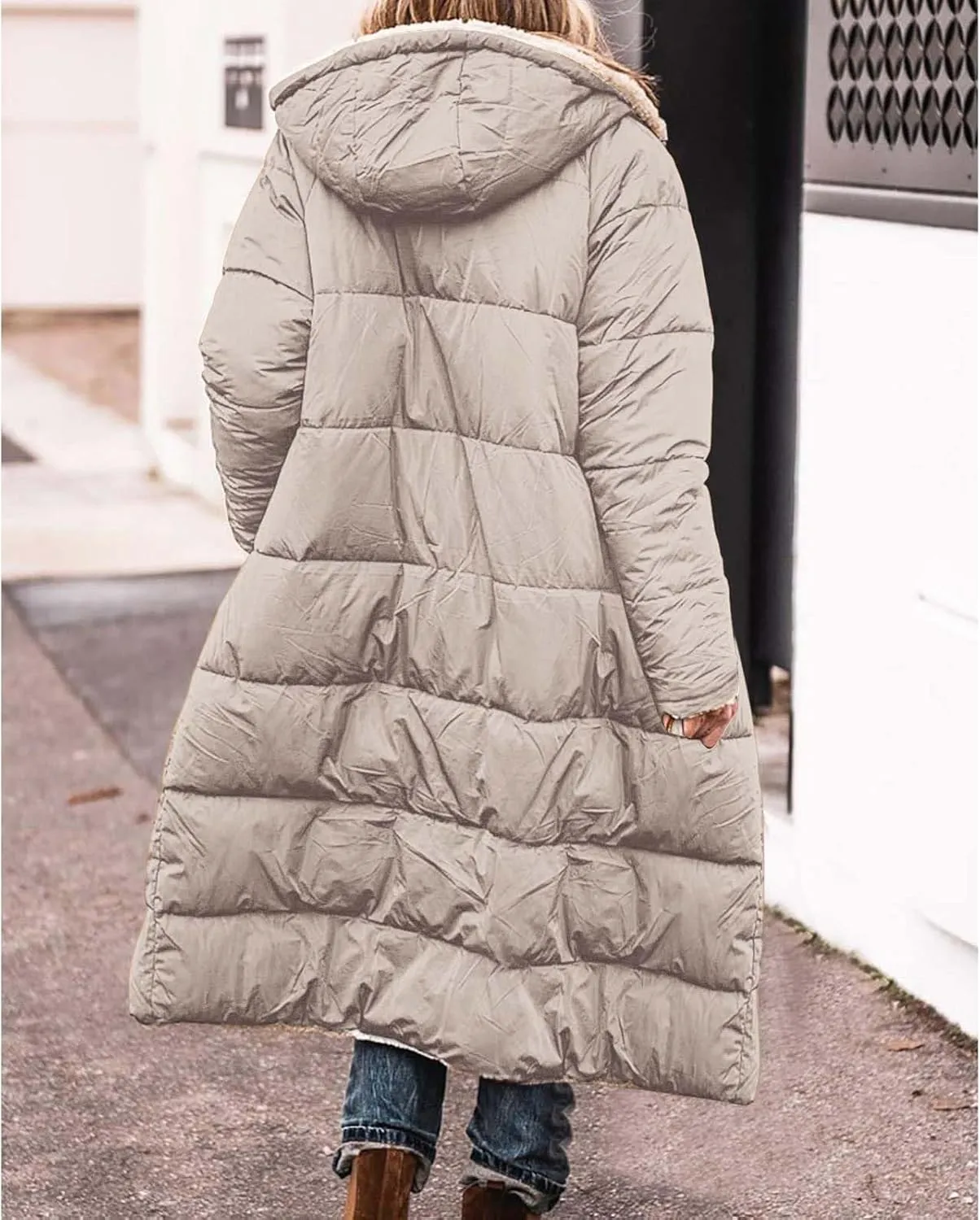 Womens Winter Oversized Padded Long Coats Reversible Sherpa Fleece Lined Hooded Puffer Jackets Outerwear with Pockets