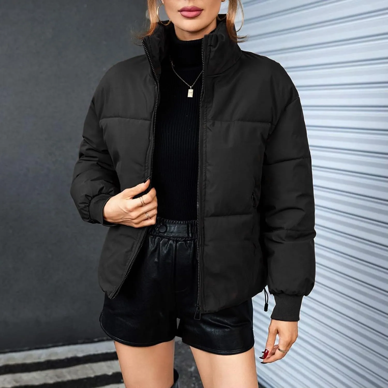 Womens Winter Quilted Jackets Casual Long Sleeve Full Zip Puffer Jacket Fashion Versatile Outing Down Coat Warm Outwear