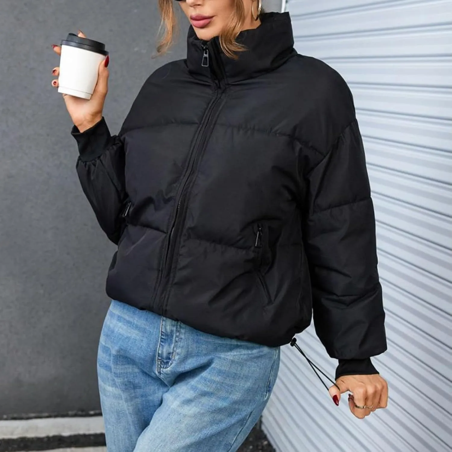 Womens Winter Quilted Jackets Casual Long Sleeve Full Zip Puffer Jacket Fashion Versatile Outing Down Coat Warm Outwear
