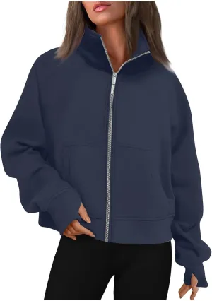 Womens Zip Up Hoodies 2024 Fleece Jacket Oversized Cropped Sweatshirt Casual Solid Fall Winter Clothes with Thumb Hole