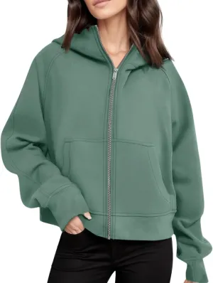 Womens Zip Up Hoodies 2024 Fleece Jacket Oversized Cropped Sweatshirt Casual Solid Fall Winter Clothes with Thumb Hole
