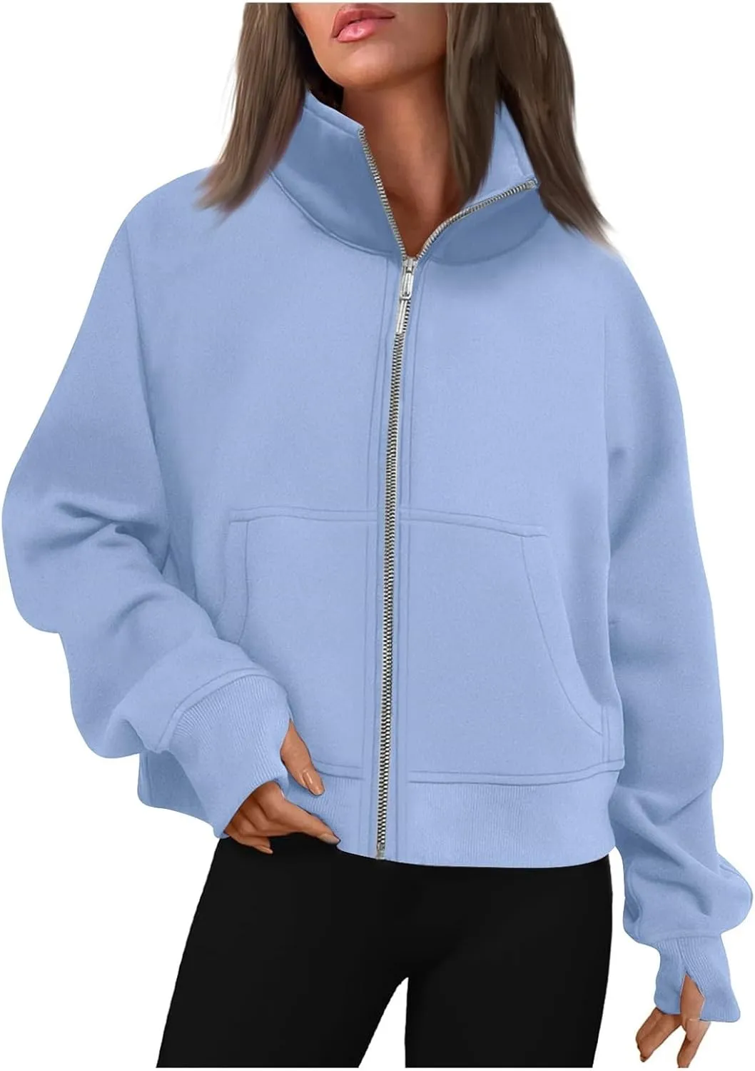 Womens Zip Up Hoodies 2024 Fleece Jacket Oversized Cropped Sweatshirt Casual Solid Fall Winter Clothes with Thumb Hole