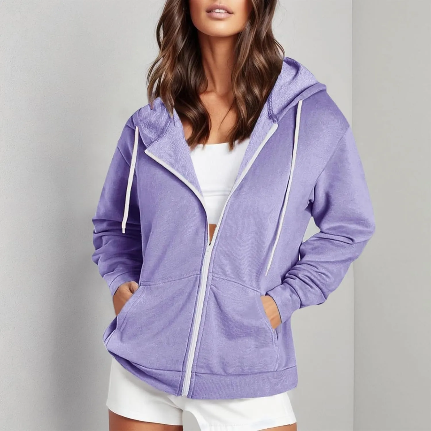 Womens Zip Up Hoodies Solid Long Sleeve Oversized Sweatshirts Fleece Jacket with Pockets