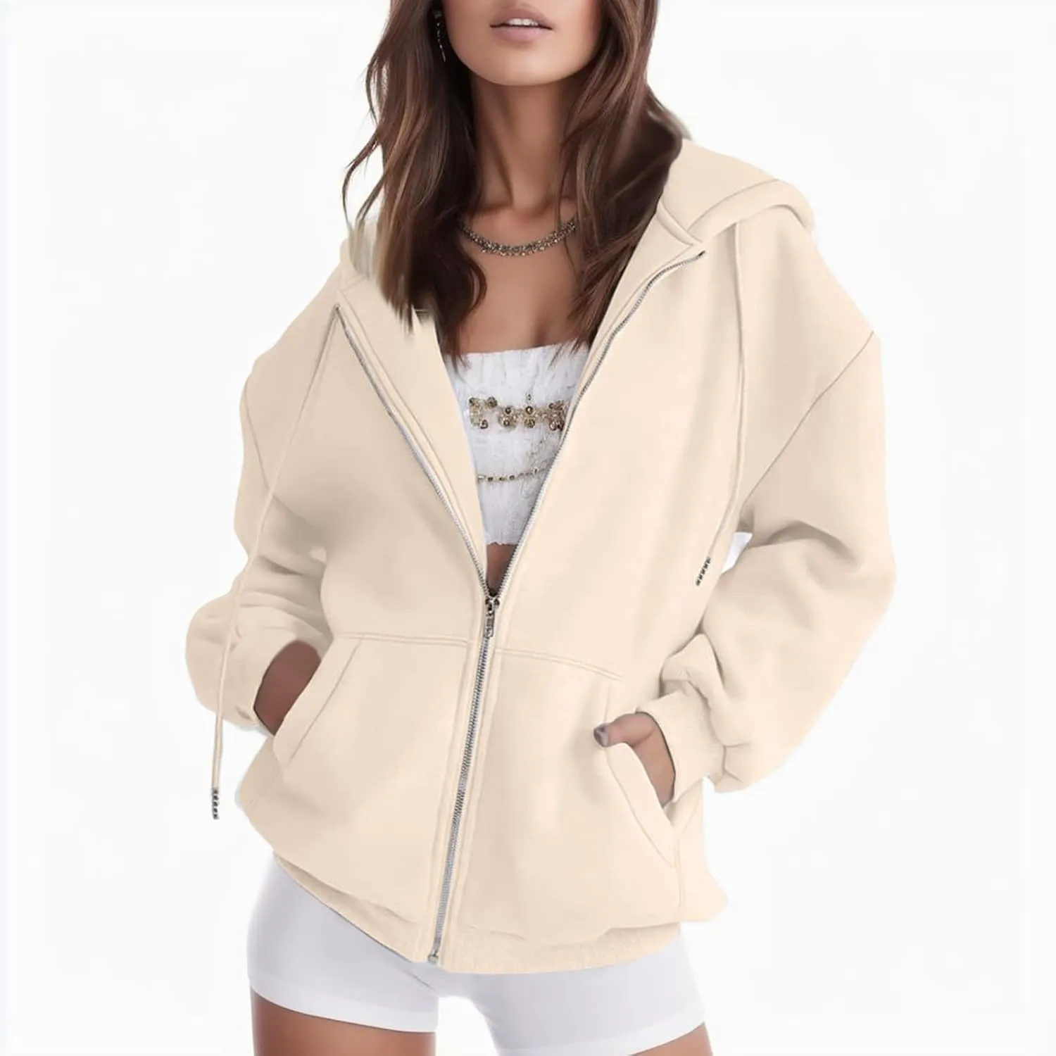 Womens Zip Up Hoodies Solid Long Sleeve Oversized Sweatshirts Fleece Jacket with Pockets