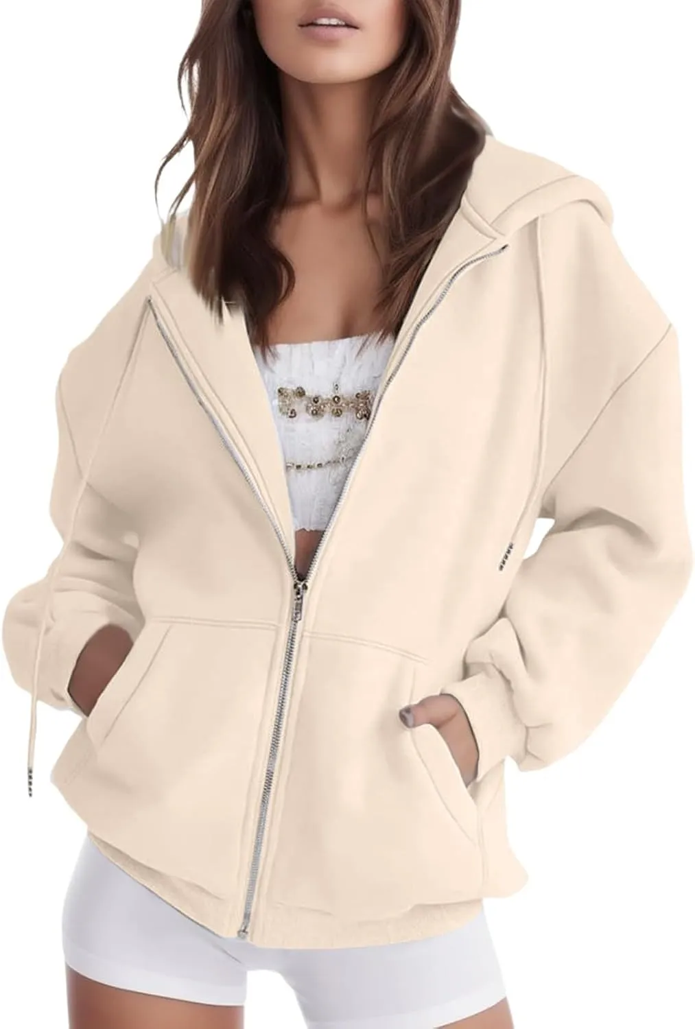 Womens Zip Up Hoodies Solid Long Sleeve Oversized Sweatshirts Fleece Jacket with Pockets