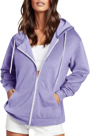 Womens Zip Up Hoodies Solid Long Sleeve Oversized Sweatshirts Fleece Jacket with Pockets