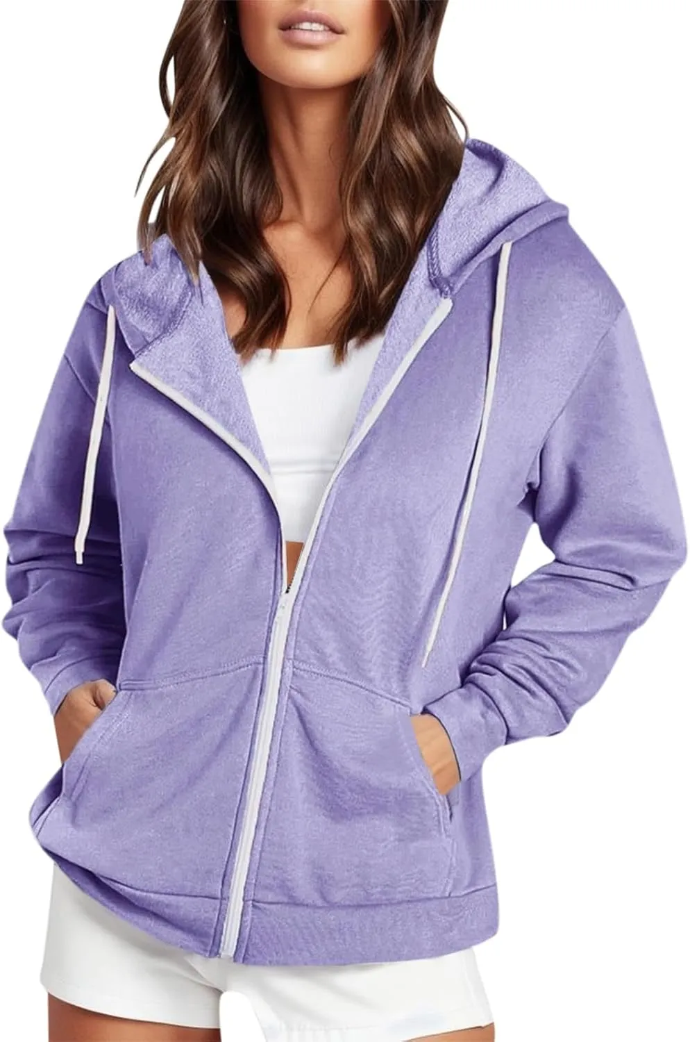 Womens Zip Up Hoodies Solid Long Sleeve Oversized Sweatshirts Fleece Jacket with Pockets