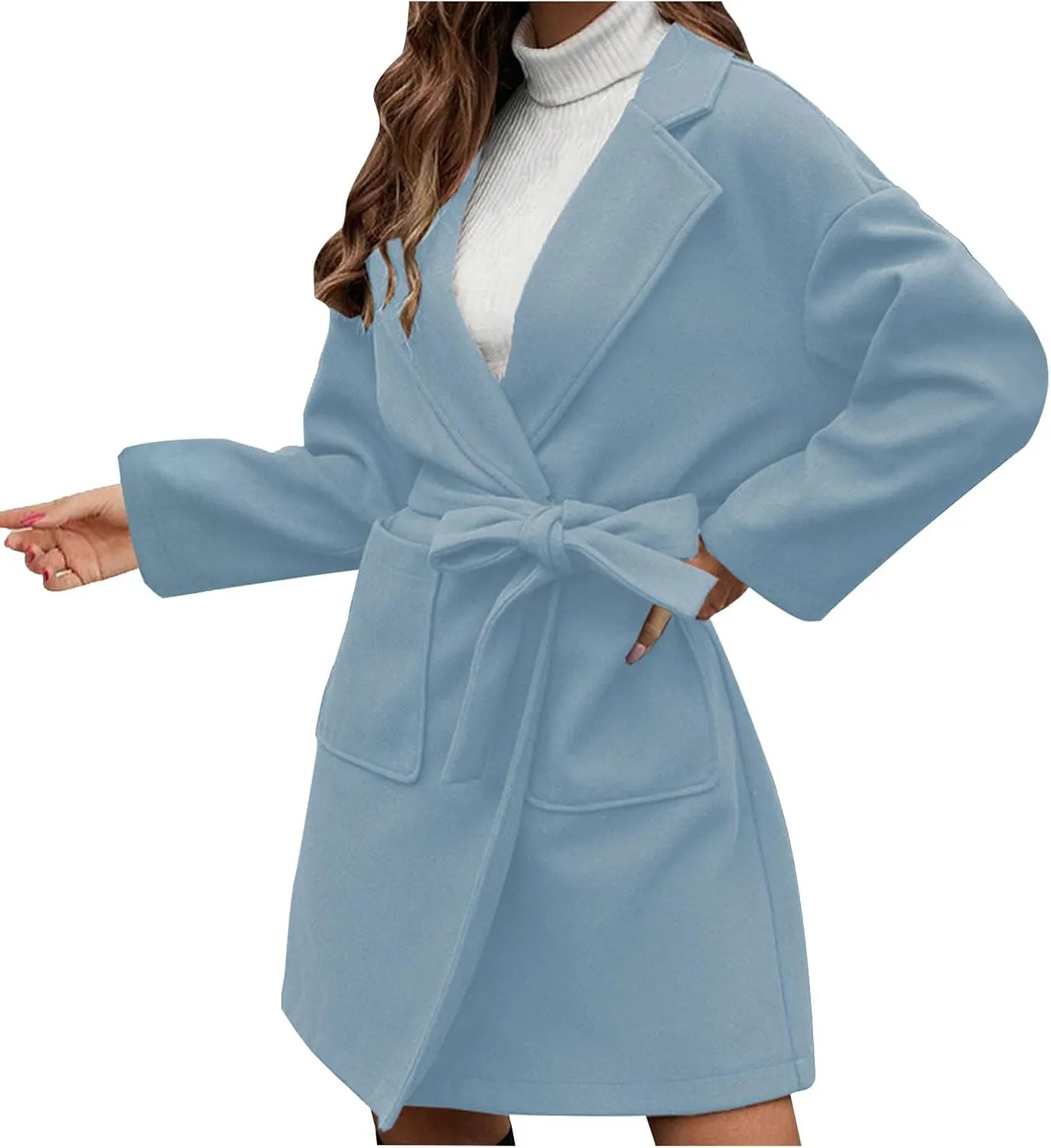 Wool Coats for Women Casual Open Front Winter Trench Coat Oversized Notch Lapel Thicken Bussiness Jacket With Belts