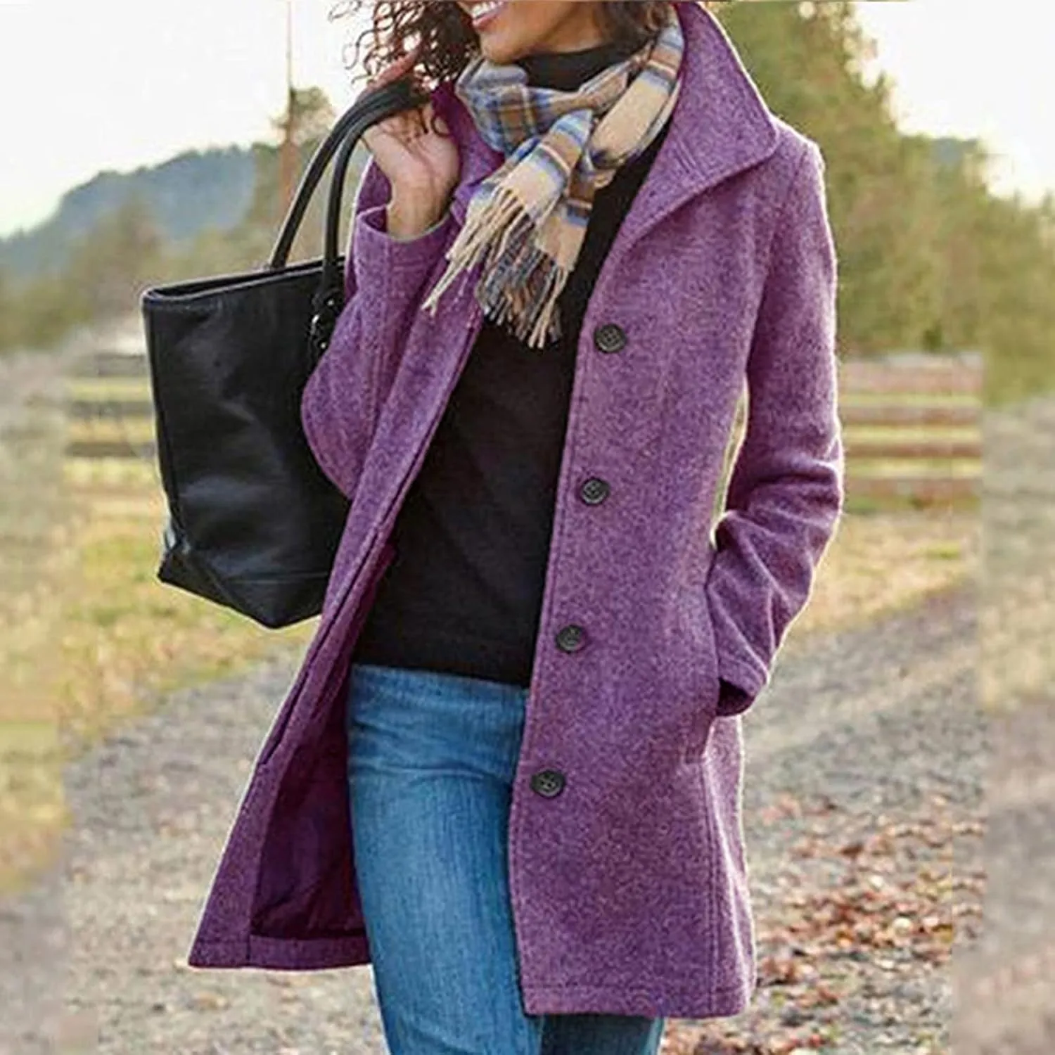 Wool Coats for Women Stand Collar Single Breasted Pea Coats Plus Size Long Sleeve Overcoat Fall Winter Outerwear