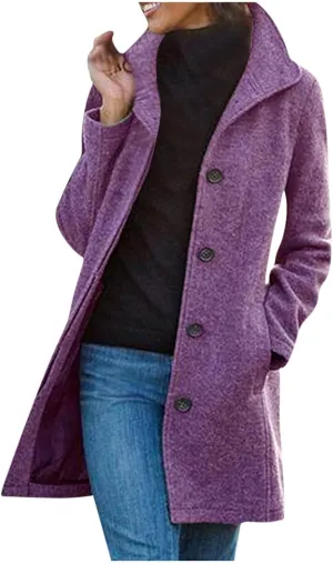 Wool Coats for Women Stand Collar Single Breasted Pea Coats Plus Size Long Sleeve Overcoat Fall Winter Outerwear