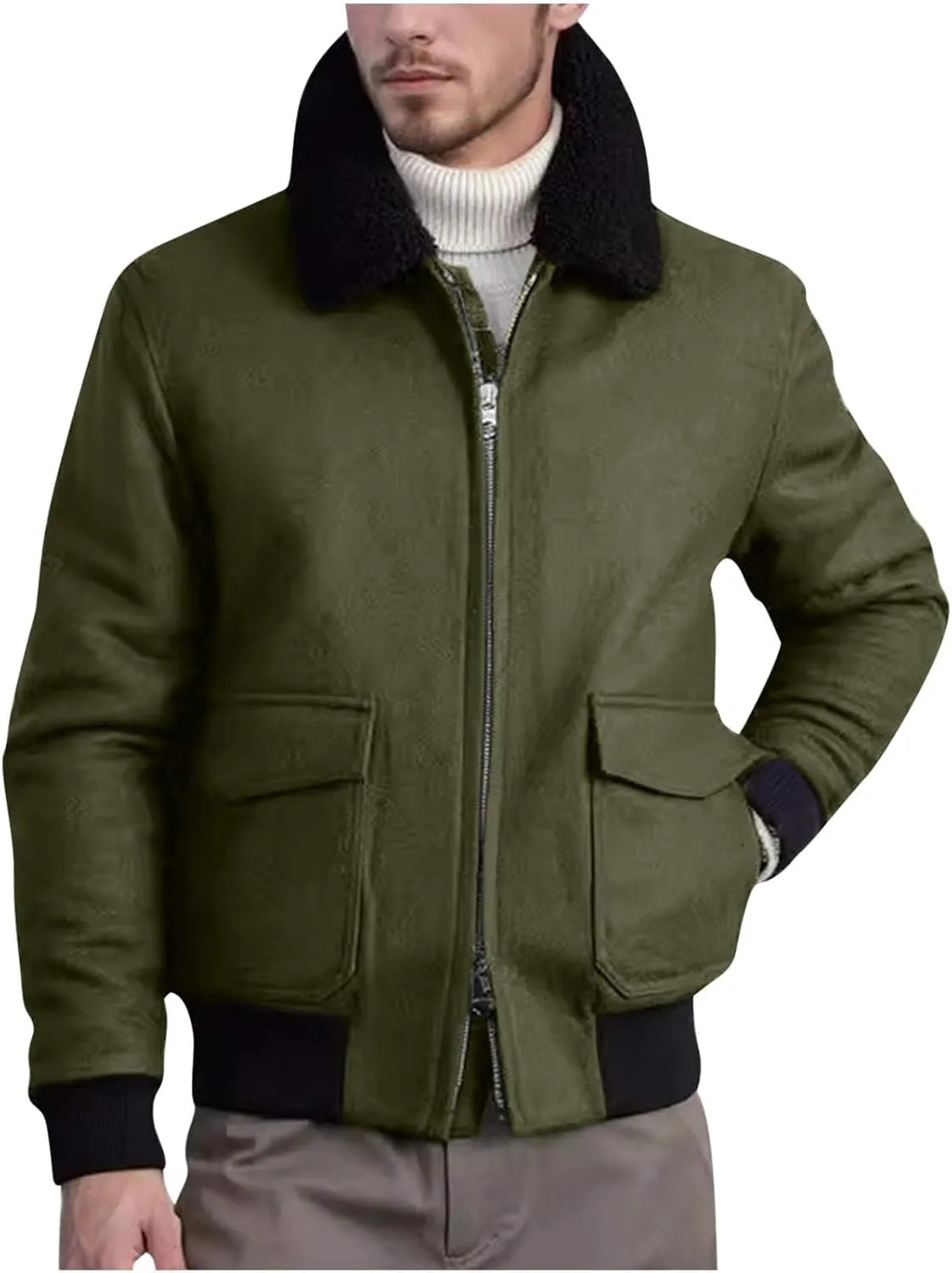Xiaojmake Men's Shearling Bomber Jacket with Faux Fur Collar Winter Fleece Lined Flight Jacket Cotton Cargo Trucker Jackets