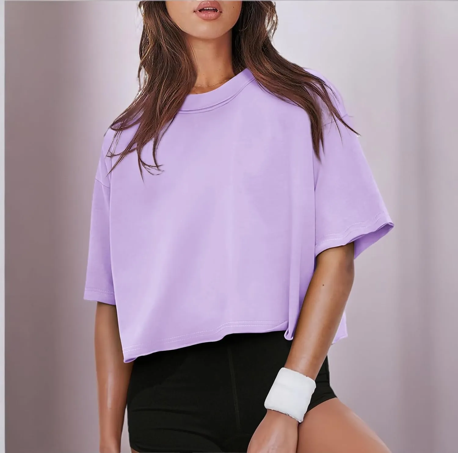 XIEERDUO Cotton Tshirts for Women Drop Shoulder Round Neck Oversized Crop Tops Workout Tops Tees