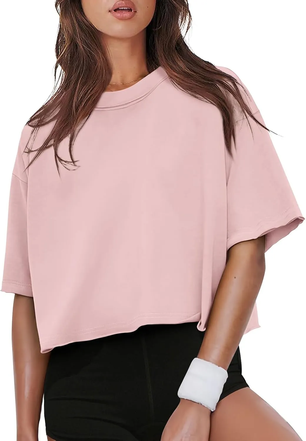 XIEERDUO Cotton Tshirts for Women Drop Shoulder Round Neck Oversized Crop Tops Workout Tops Tees