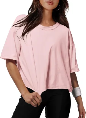 XIEERDUO Cotton Tshirts for Women Drop Shoulder Round Neck Oversized Crop Tops Workout Tops Tees
