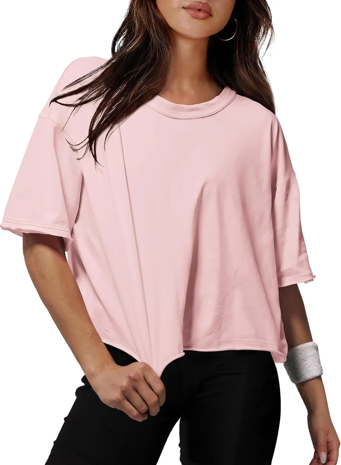 XIEERDUO Cotton Tshirts for Women Drop Shoulder Round Neck Oversized Crop Tops Workout Tops Tees