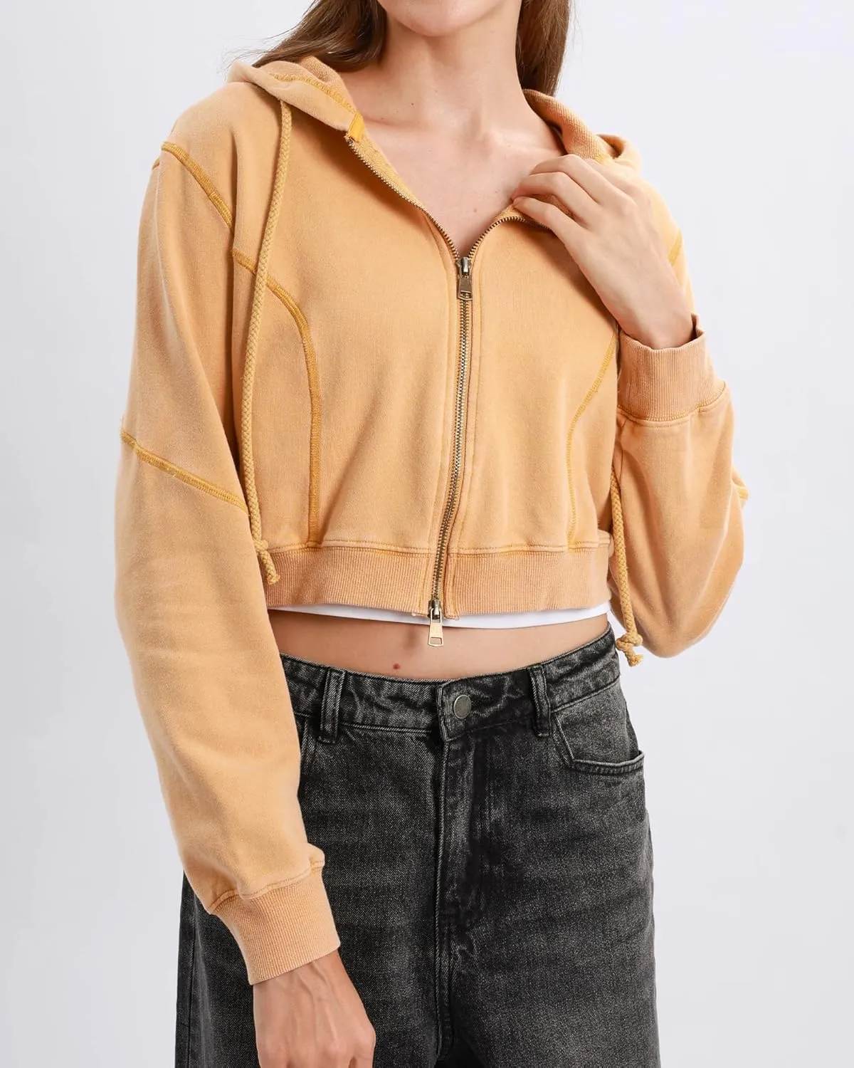 Xintianji Women Vintage Retro Crop Hoodie - Lightweight Long Sleeve Zip Up Pullover Sweatshirts