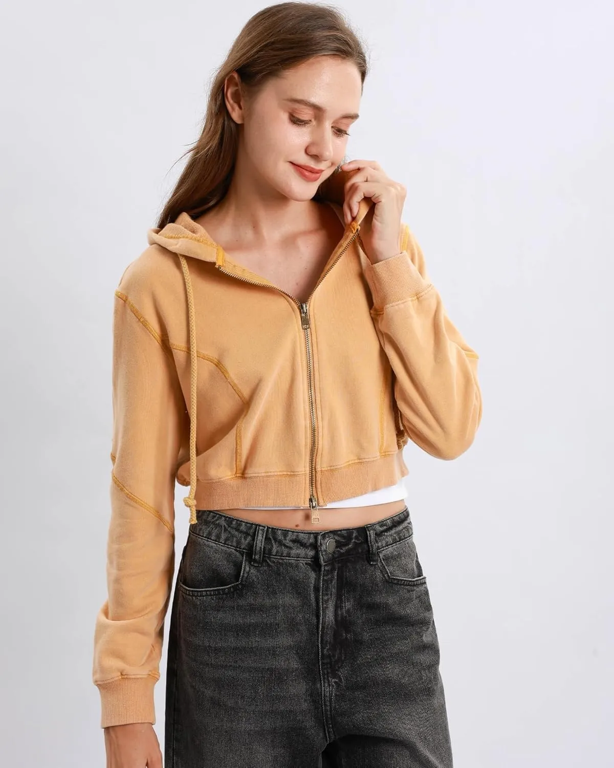 Xintianji Women Vintage Retro Crop Hoodie - Lightweight Long Sleeve Zip Up Pullover Sweatshirts