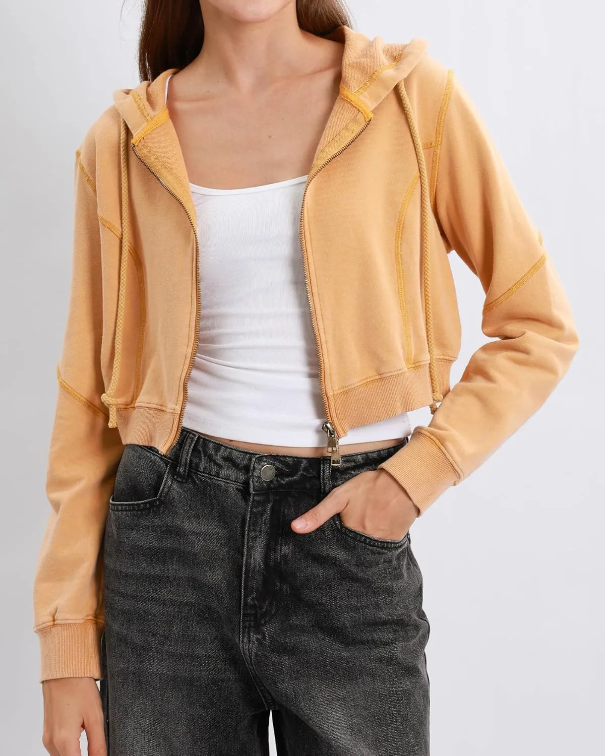 Xintianji Women Vintage Retro Crop Hoodie - Lightweight Long Sleeve Zip Up Pullover Sweatshirts