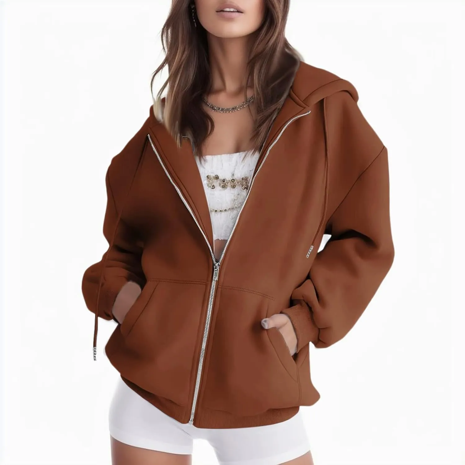 Yanzhenglip Womens Zip Up Cropped Hoodies Fleece Oversized Sweatshirts Full Zipper Jackets Y2k Fall Clothes 2023 Outfits