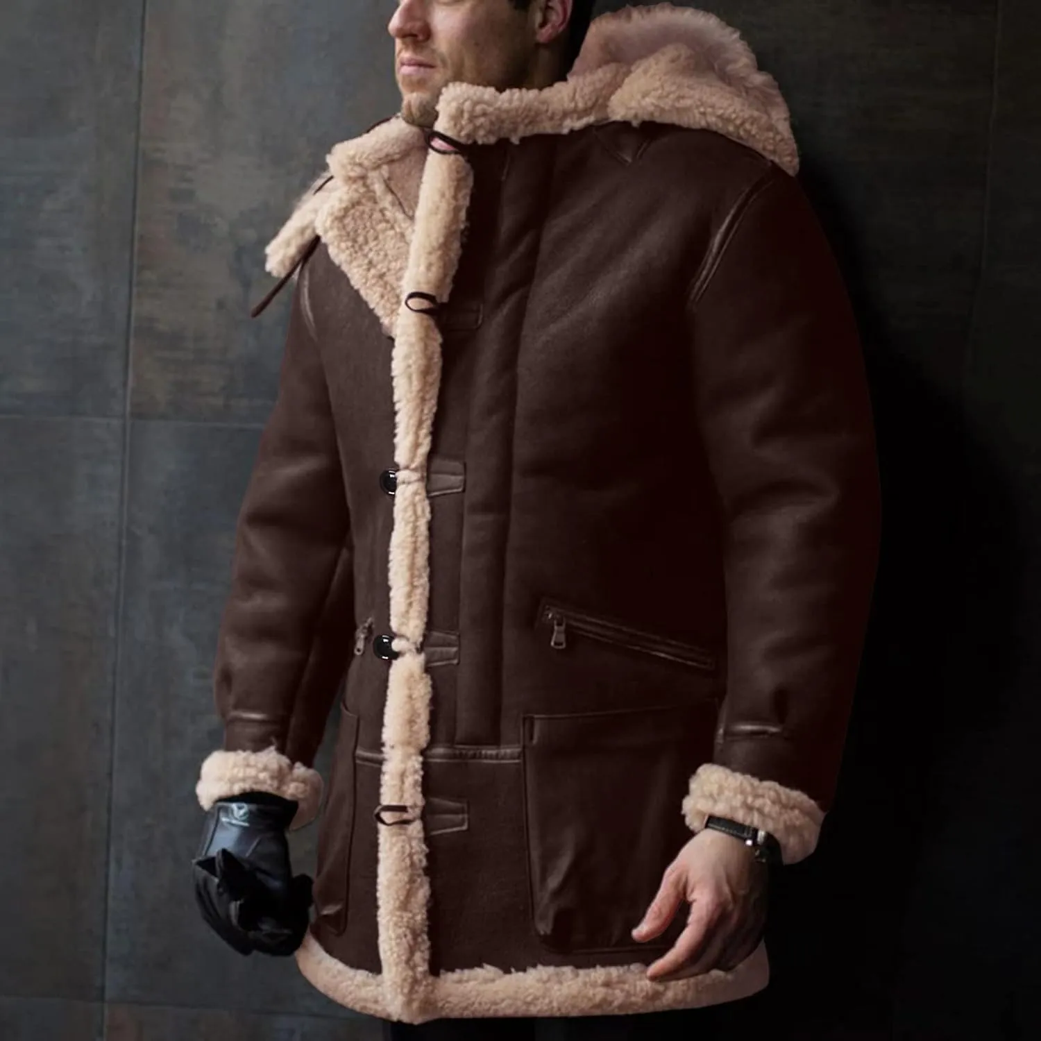 Ymosrh Men's Long Trench Coat Sherpa Fleece Lined Pea Coat Winter Warm Jacket Coat, M-3XL