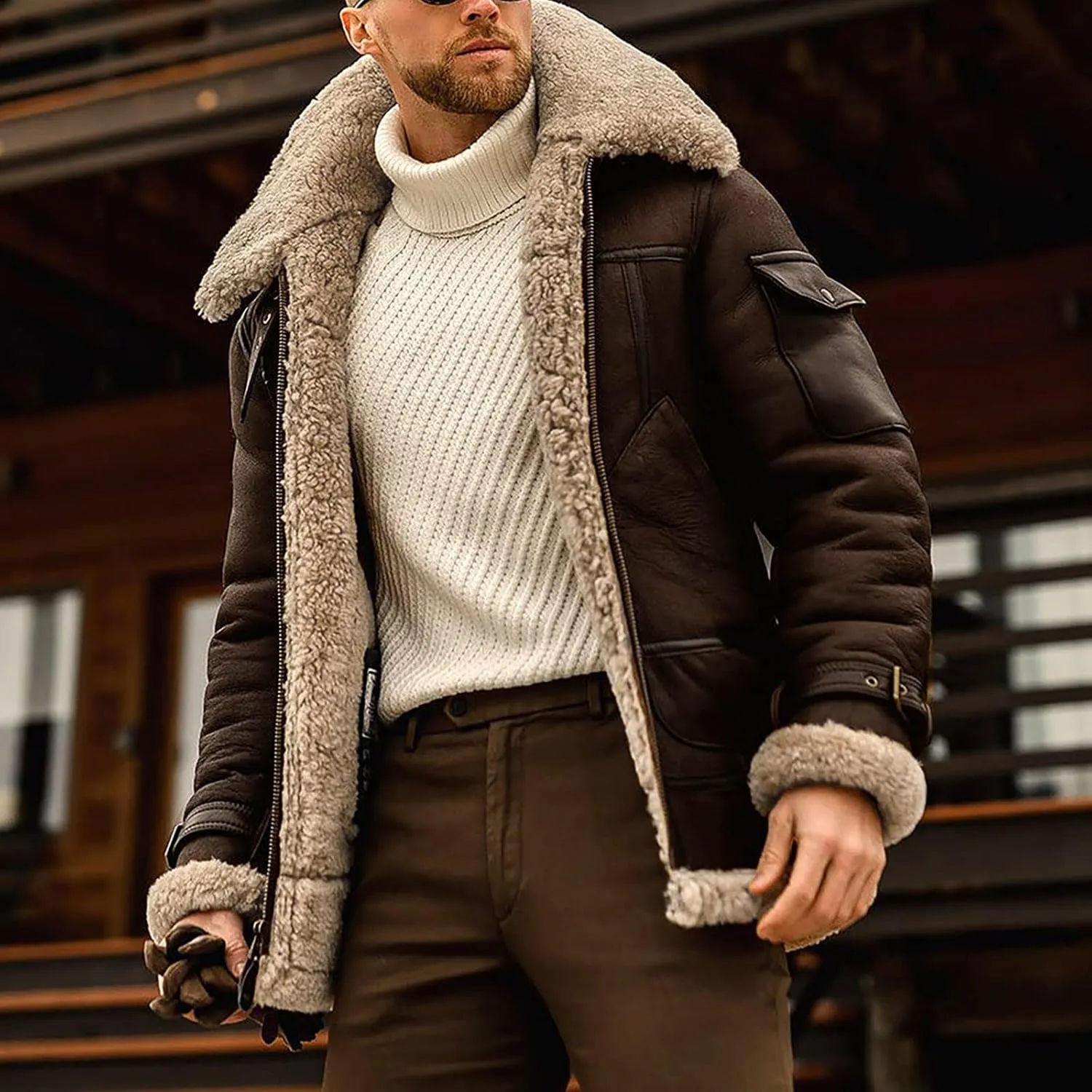 Ymosrh Men's Trench Coat Sherpa Lined Overcoat Lapel Long Jacket Coat Outwear, M-5XL