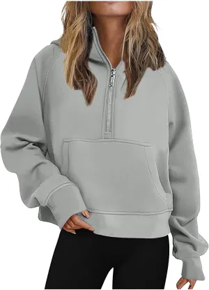 YRAETENM Half Zip Sweatshirt Women Oversized Cropped Fleece Jackets Long Sleeve Workout Hoodies Fall Clothes with Pockets