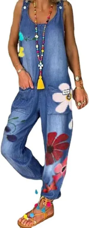 ZOCAVIA Women's Floral Print Overalls Summer Casual Sleeveless Baggy Relaxed Fit Jumpsuits with Pockets