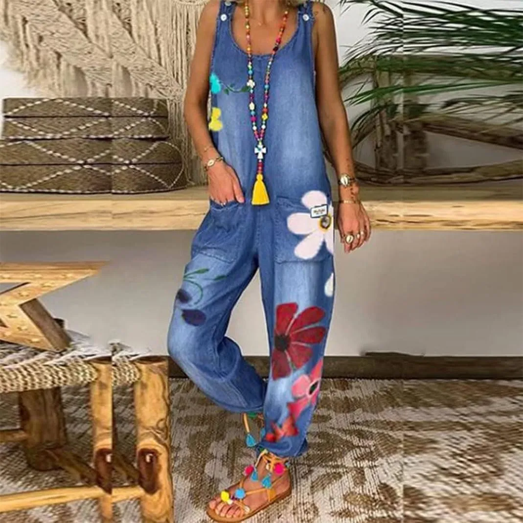 ZOCAVIA Women's Floral Print Overalls Summer Casual Sleeveless Baggy Relaxed Fit Jumpsuits with Pockets